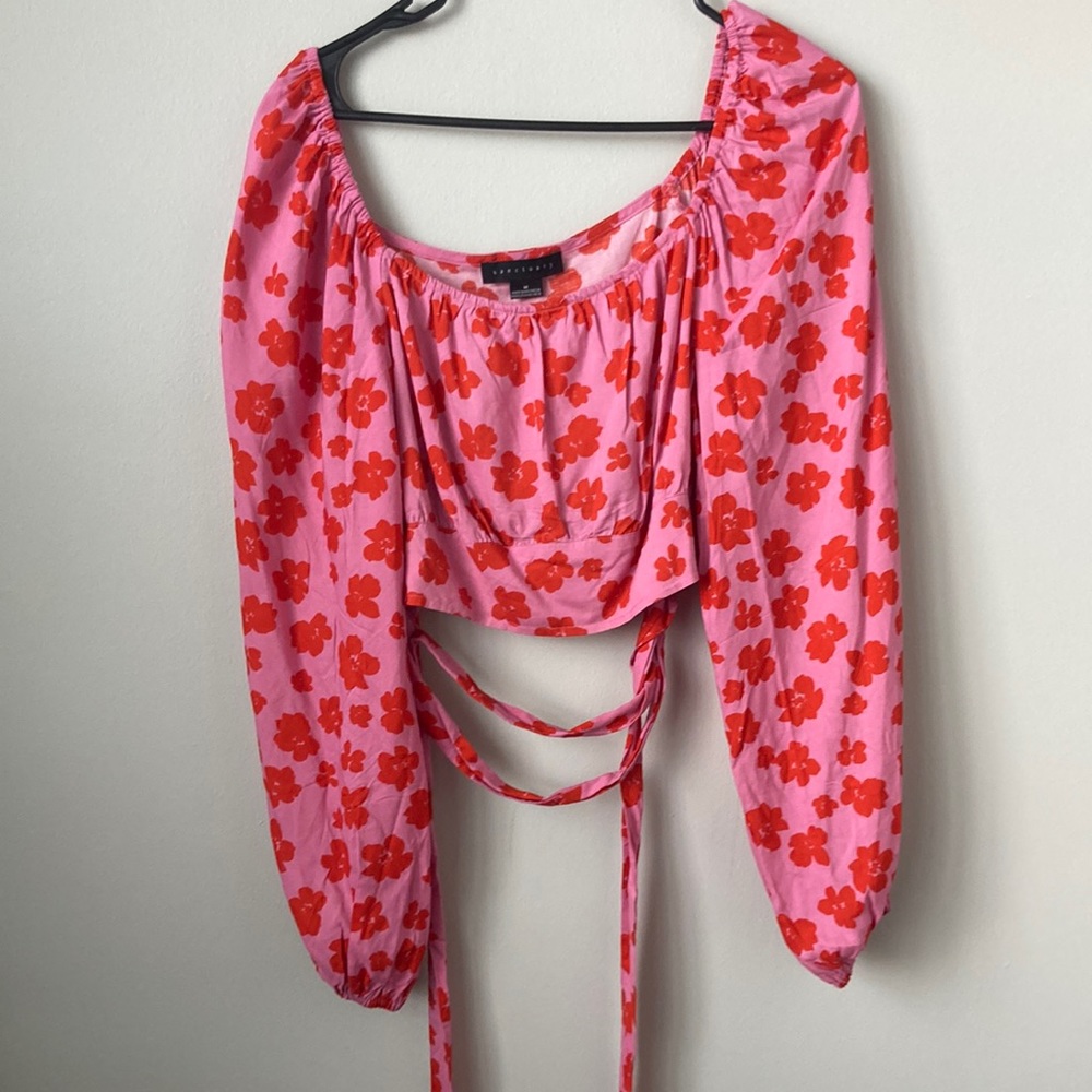 Floral Sanctuary Long Sleeve Crop Top with Tie Detail